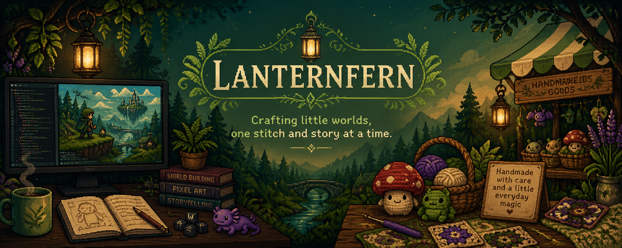 Lanternfern creative studio banner showing a pixel-art world of digital making and handmade goods